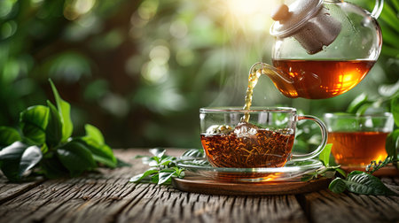 Glass cup of tea on wooden table and blurred nature background.の素材