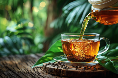 Glass cup of tea on wooden table and blurred nature background.の素材
