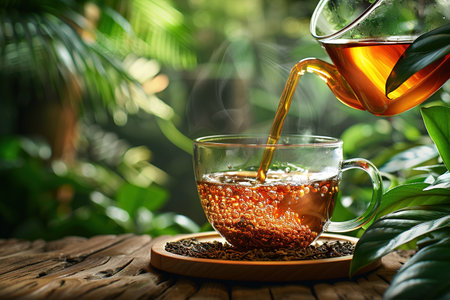 Glass cup of tea on wooden table and blurred nature background.の素材