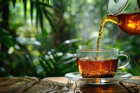 Glass cup of tea on wooden table and blurred nature background.の素材