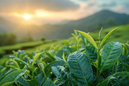 Green tea leaves in a tea plantation in morning, Tea plantations at dawn.の素材