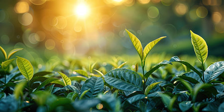Green tea leaves in a tea plantation in morning, Tea plantations at dawn.の素材