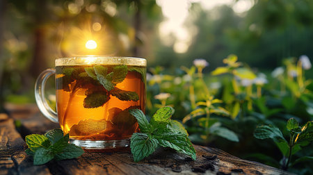 Glass cup of tea on wooden table and blurred nature background.の素材