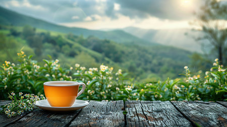 Cup of hot tea and leaf on the wooden table with the tea plantations background.の素材