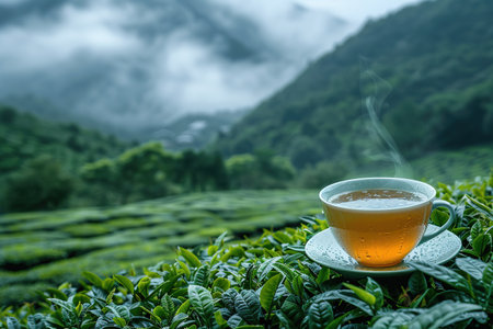 Cup of hot tea and leaf on the wooden table with the tea plantations background.の素材