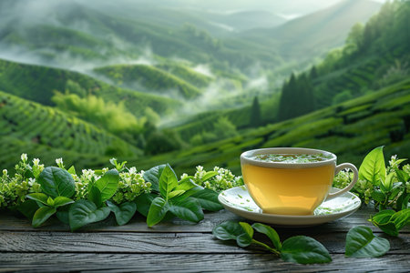 Cup of hot tea and leaf on the wooden table with the tea plantations background.の素材