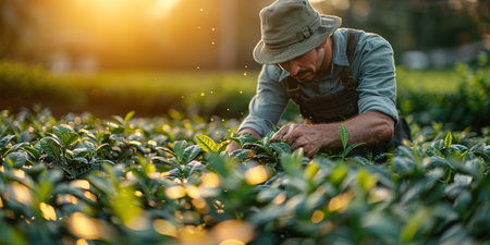 green tea leaf in hand on background of mountains. Harvesting tea by farmer hand, harvesting every morning on green organic farm, Close up frontの素材