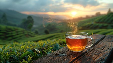 Cup of hot tea and leaf on the wooden table with the tea plantations background.の素材