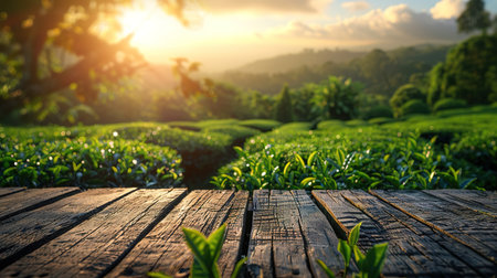 Empty rustic table in front of tea plantation landscape at sunrise. product display and concept.の素材