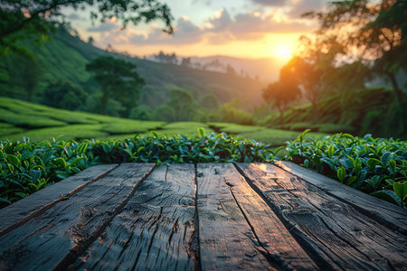 Empty rustic table in front of tea plantation landscape at sunrise. product display and concept.の素材