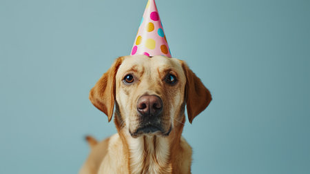 Portrait of a dog in a festive hat for his birthday. The owners wish their pet a happy birthday.の素材
