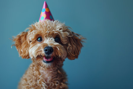 Portrait of a dog in a festive hat for his birthday. The owners wish their pet a happy birthday.の素材