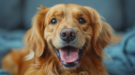 Portrait of a dog in a festive hat for his birthday. The owners wish their pet a happy birthday.の素材