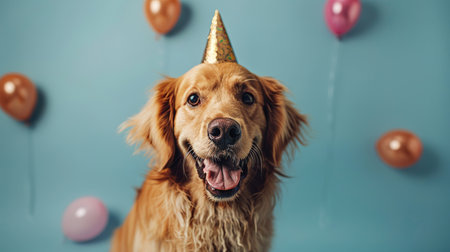Portrait of a dog in a festive hat for his birthday. The owners wish their pet a happy birthday.の素材