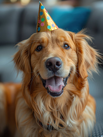 Portrait of a dog in a festive hat for his birthday. The owners wish their pet a happy birthday.の素材