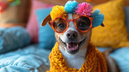 Portrait of a dog in a festive hat for his birthday. The owners wish their pet a happy birthday.の素材