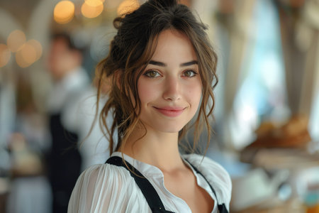 Cheerful young waitress wearing apron laughing looking at camera, happy businesswoman small business owner of girl entrepreneur cafe employee posing in restaurant coffee shop interior, portraitの素材