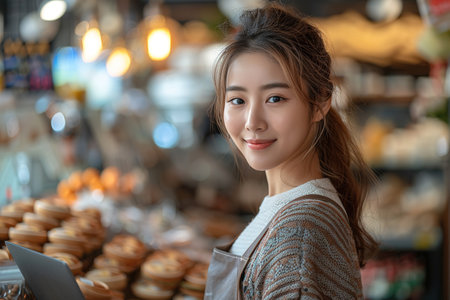 Portrait of Asian girl in apron, standing in cafe near counter, barista pointing finger at copy space, empty banner coffee shop.の素材