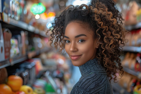 Successful african woman in apron standing coffee shop door. Happy small business owner holding tablet and working. Smiling portrait of SME entrepreneur seller business standing with copy space.の素材