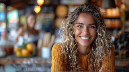 Portrait of saleswoman with hands in pocket while female customer shopping in background at supermarketの素材