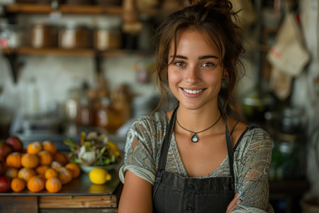 Portrait of saleswoman with hands in pocket while female customer shopping in background at supermarketの素材