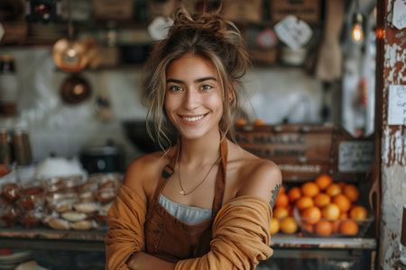 Young latin shopkeeper girl with arms crossed smiling happy at the fruit store.の素材