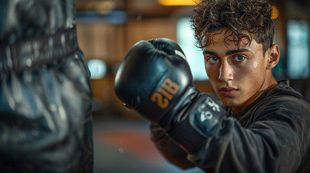 Young sportsman boxing workout at gym, guy punching boxing bag, free space.の素材