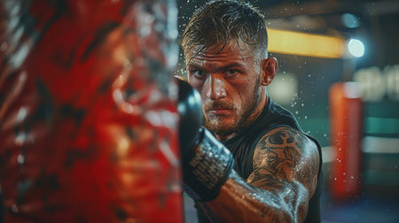 Young sportsman boxing workout at gym, guy punching boxing bag, free space.の素材