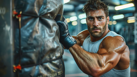 Young sportsman boxing workout at gym, guy punching boxing bag, free space.の素材