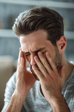 Portrait of upset sad depressed man in living room at home alone suffering from headache. Young guy in bad thoughts feeling lonely indoors or having problems in relationshipsの素材
