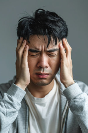 Portrait of upset sad depressed man in living room at home alone suffering from headache. Young guy in bad thoughts feeling lonely indoors or having problems in relationshipsの素材