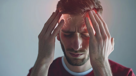 Portrait of upset sad depressed man in living room at home alone suffering from headache. Young guy in bad thoughts feeling lonely indoors or having problems in relationshipsの素材