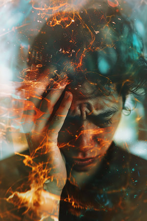 Brain diseases problem cause chronic severe headache migraine. Male adult look tired and stressed out depressed, having mental problem trouble, medical conceptの素材