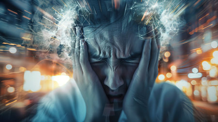 Brain diseases problem cause chronic severe headache migraine. Male adult look tired and stressed out depressed, having mental problem trouble, medical conceptの素材