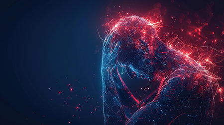 Brain diseases problem cause chronic severe headache migraine. Male adult look tired and stressed out depressed, having mental problem trouble, medical conceptの素材