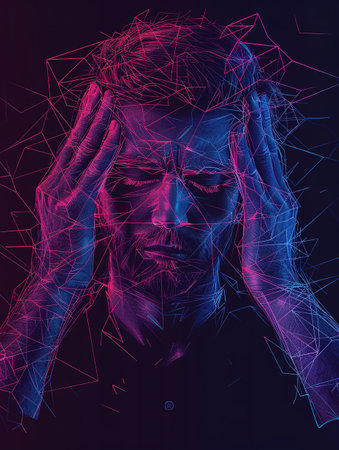 Brain diseases problem cause chronic severe headache migraine. Male adult look tired and stressed out depressed, having mental problem trouble, medical conceptの素材