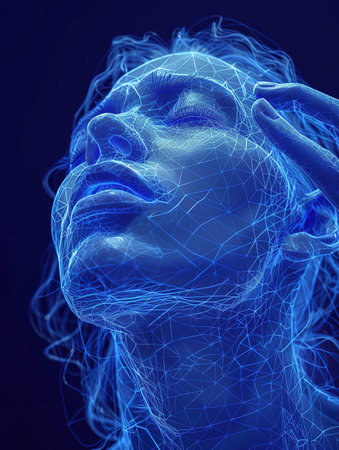 Brain diseases problem cause chronic severe headache migraine. Female adult look tired and stressed out depressed, having mental problem trouble, medical conceptの素材