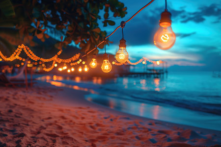 Close up of the glowing light bulbs at the beach cafe terrace. Sun is setting in the blurry abstract background.の素材