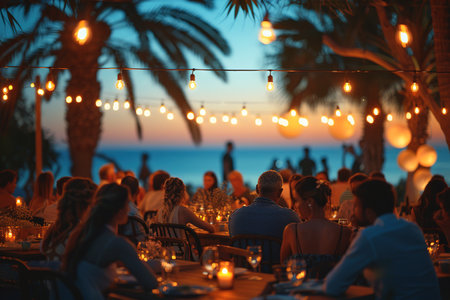 blur people picnic in a public Park with family or friends. the food festival at night.の素材