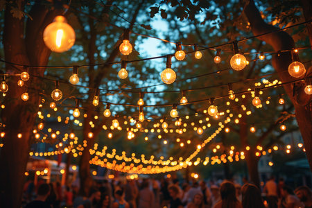 blur people picnic in a public Park with family or friends. the food festival at night.の素材