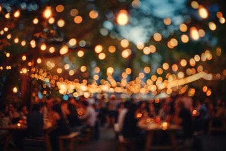 blur people picnic in a public Park with family or friends. the food festival at night.の素材