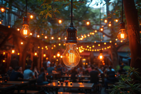 blur people picnic in a public Park with family or friends. the food festival at night.の素材