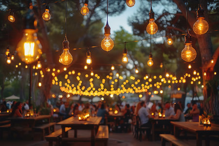 blur people picnic in a public Park with family or friends. the food festival at night.の素材