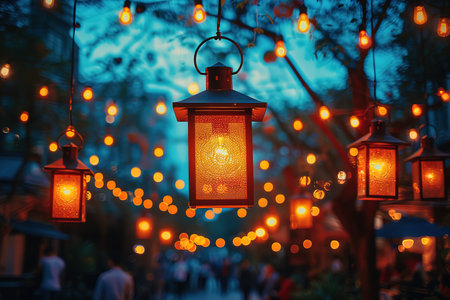 blur people picnic in a public Park with family or friends. the food festival at night.の素材