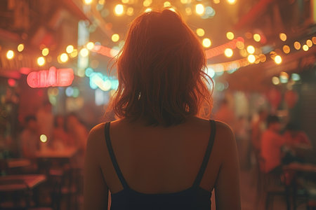 blur people picnic in a public Park with family or friends. the food festival at night.の素材