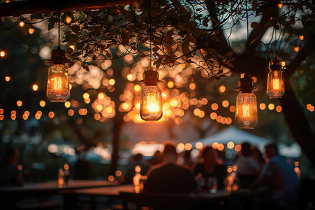 blur people picnic in a public Park with family or friends. the food festival at night.の素材