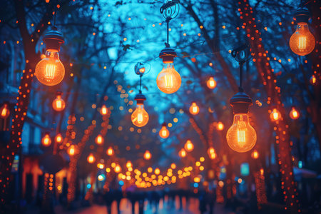 blur people picnic in a public Park with family or friends. the food festival at night.の素材