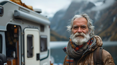Happy loving elderly senior couple hugging hugging cuddling together while on a trip adventure holiday in trailer camper van caravanning in motor wheel homeの素材