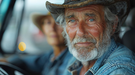 Happy loving elderly senior couple hugging hugging cuddling together while on a trip adventure holiday in trailer camper van caravanning in motor wheel homeの素材