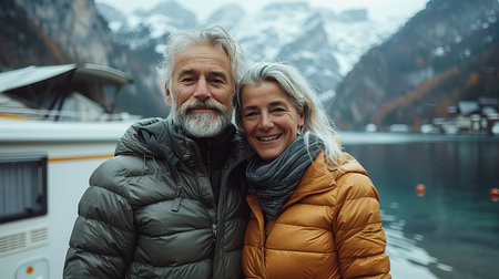 Happy loving elderly senior couple hugging hugging cuddling together while on a trip adventure holiday in trailer camper van caravanning in motor wheel homeの素材